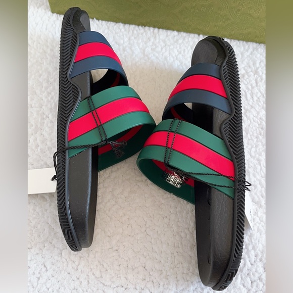 Authentic Gucci Men's Agrado Rubber Double Strap Stripe Slides Sandals - Picture 10 of 16